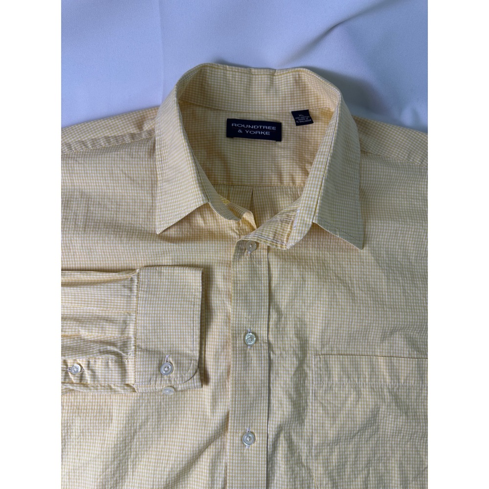 Roundtree & Yorke Mens XL Yellow Gingham Button Down Long Sleeve Dress Shirt
